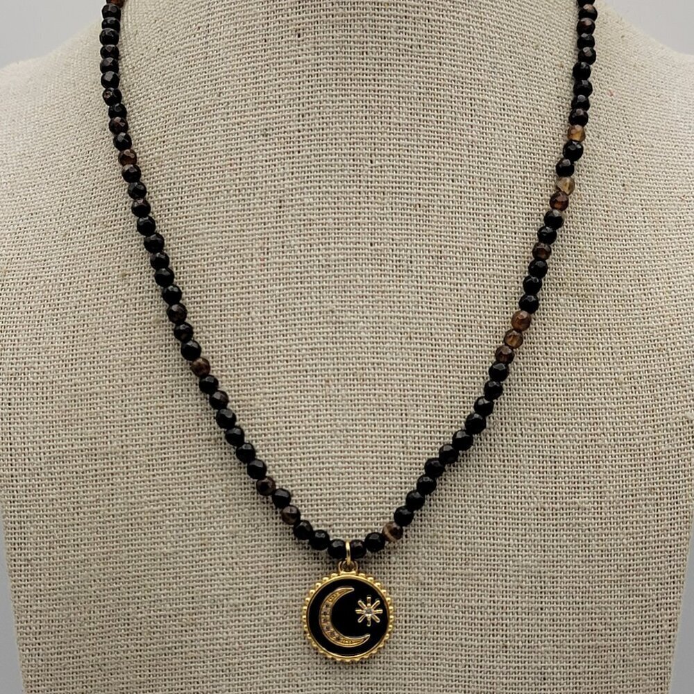 Eye Candy LA 18K Gold Plated Brass Moon Star Pendant Agate Bead Necklace 18.5" - Picture 2 of 8